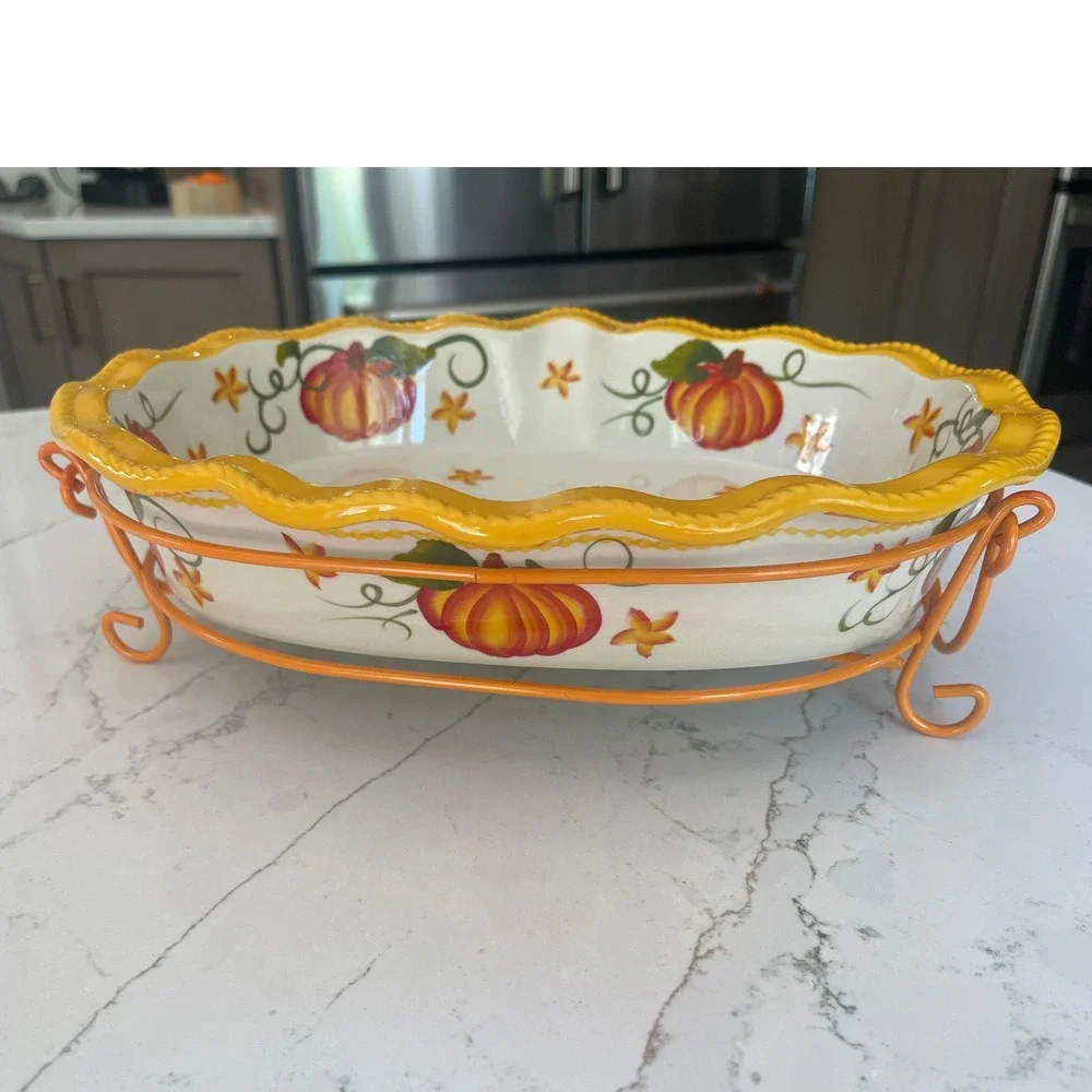 Temp-tations Old World Pumpkin Pie Plate with Rack 1.75 Qt Ceramic Baker NIB